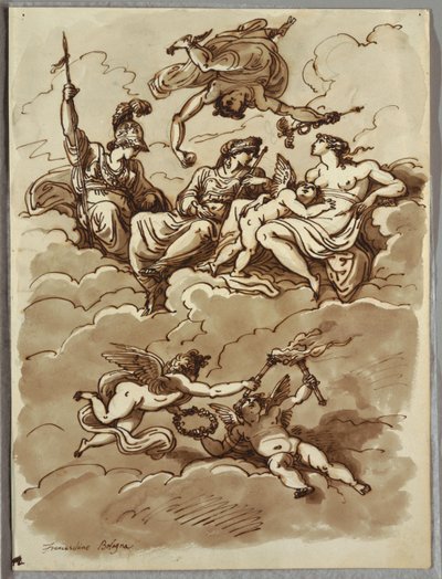 Minerve, Mercure, Junon et Vénus sur des nuages, étude d