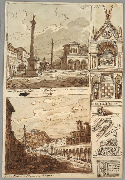 Piazza San Domenico à Bologne ; Piazza San Francesco et Villa Aldini à Bologne ; Étude de la tombe des Glossatori - Felice Giani