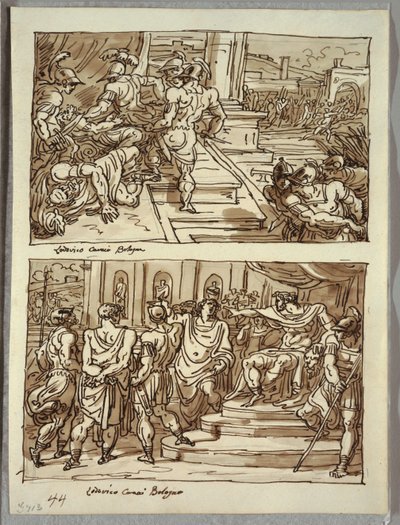 Remus tue le roi Amulius; Remus conduit enchaîné devant le roi Amulius; Deux études d