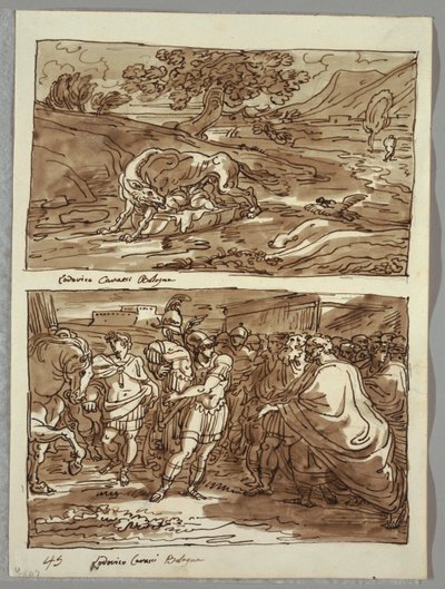 Romulus et Remus allaités par la louve; Romulus dédie à Jupiter Feretrius les dépouilles du roi Acronius conquis, deux études d