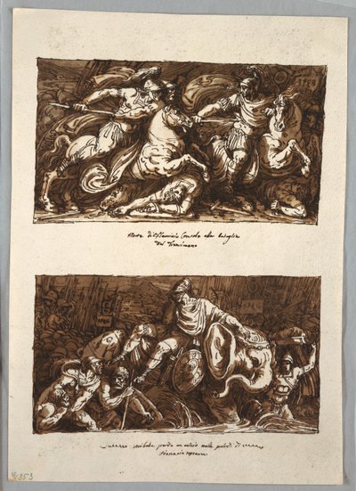 Page de carnet de croquis : Mort de Flaminius dans la bataille de Trasimène ; Annabelle perd un œil dans les marais de Fiano, Toscane - Felice Giani
