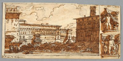 Page de carnet de croquis, Folio 57 : Étude après Piazza Emmanuelle à Bologne ; Verso, Détail architectural - Felice Giani