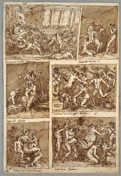 Page de carnet de croquis : Six scènes ; Verso : Cinq études de têtes de chevaux ; Tête de lion - Felice Giani