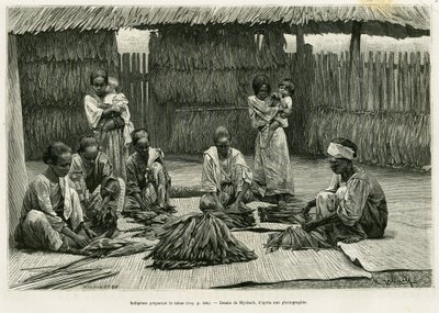 Indigènes fabriquant du tabac. Gravure par Myrbach pour illustrer l