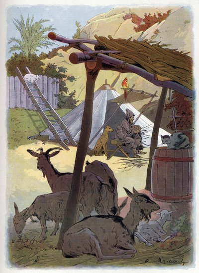 Robinson Crusoé chez lui avec ses animaux - Felicien baron de Myrbach Rheinfeld