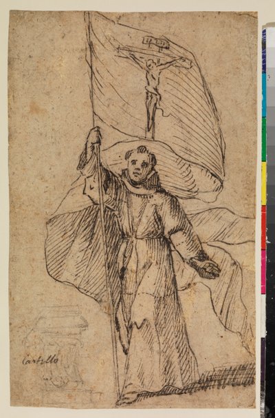 Moine franciscain tenant une bannière avec le Crucifix - Felipe Gomez de Valencia