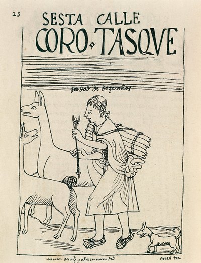 Un jeune homme gardant des lamas et ramassant du bois (dessin à l
