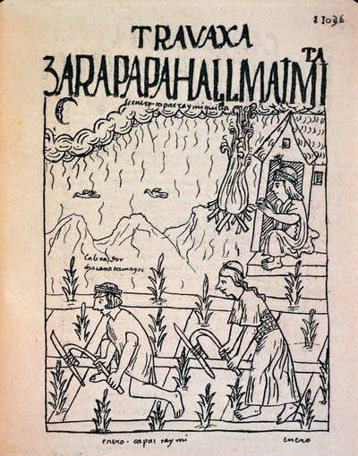 Un couple Inca Hatun Runa travaillant dans les champs en janvier - Felipe Huaman Poma de Ayala