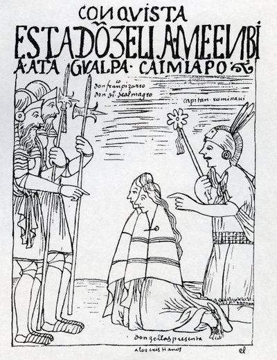 Le capitaine Ruminavi présente Francisco Pizarro et Diego de Almagro à deux femmes - Felipe Huaman Poma de Ayala