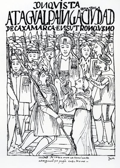 Diego de Almagro, Francisco Pizarro et le frère Vicente de Valverde agenouillés devant Atahualpa Inca à Cajamarca - Felipe Huaman Poma de Ayala