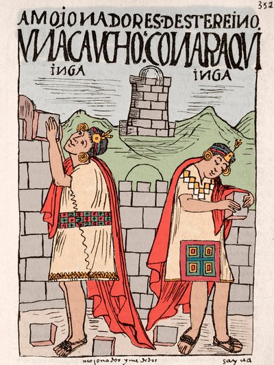Empire Inca : Incas construisant des greniers, des bâtiments publics et religieux - Dessin à l