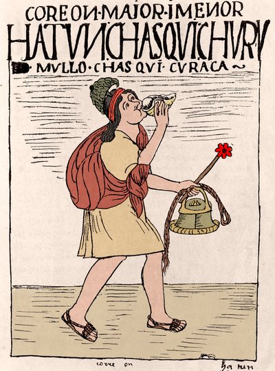 Empire Inca : un Chasquis (ou Chaskis), messager coureur, avec un qipi sur le dos et tenant un Quipu - Il joue du pututo (trompette en coquillage) - Dessin à l