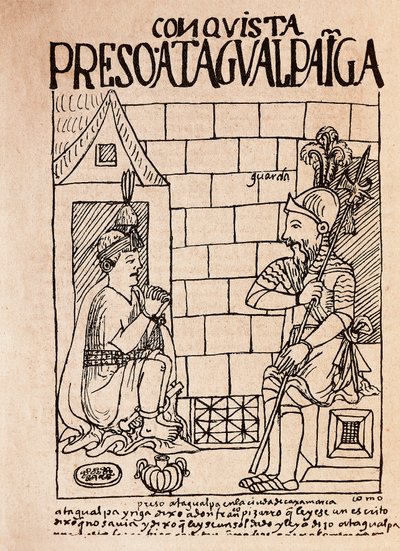 Empereur inca Atahualpa, prisonnier des Conquistadores à Cajamarca - Felipe Huaman Poma de Ayala