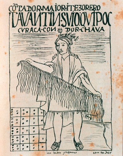 Homme inca tenant un quipu: système de comptabilité utilisant des cordes et des nœuds - Felipe Huaman Poma de Ayala
