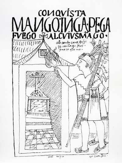 Manco Inca tente de brûler le palais inca de Cuyus Mango, converti pour le culte chrétien, mais Dieu intervient - Felipe Huaman Poma de Ayala