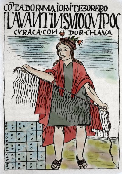 Quipu, système de comptabilité inca en corde et nœuds, culture inca 1400-1532 AD, manuscrit de Felipe Guaman Puma de Ayala (Nueva Coronica y buen Gobierno) - Felipe Huaman Poma de Ayala