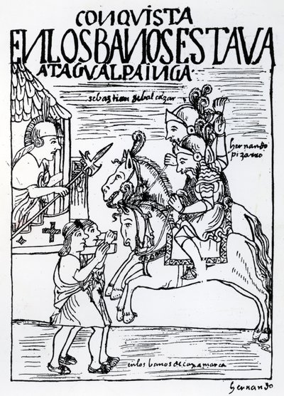 Sebastian de Benalcazar et Hernando Pizarro confrontent Atahualpa Inca aux bains royaux de Cajamarca - Felipe Huaman Poma de Ayala