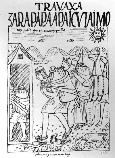 Le Mois de juillet, stockage du maïs et des pommes de terre - Felipe Huaman Poma de Ayala