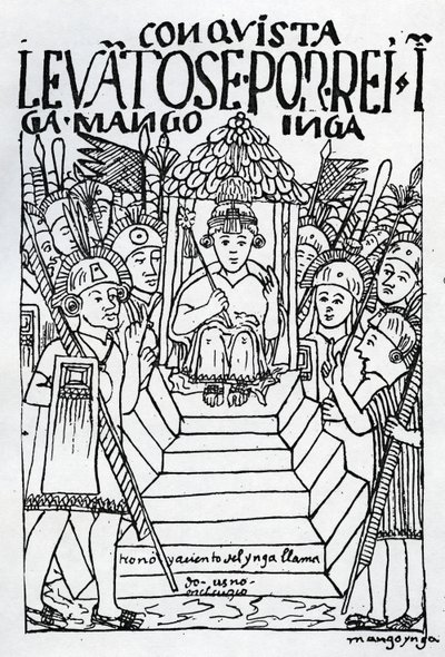 Le nouveau couronné Manco Inca sur le trône à Cuzco - Felipe Huaman Poma de Ayala