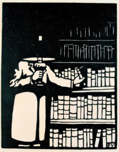 Bibliophile avec lampe dans sa bibliothèque - Felix Edouard Vallotton