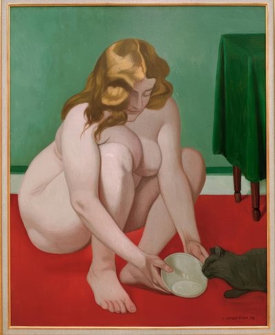 Femme accroupie offrant du lait à un chat - Felix Edouard Vallotton