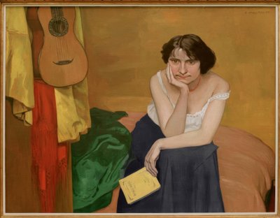 Femme brune assise de face, avec guitare - Felix Edouard Vallotton