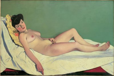 Femme nue couchée sur un drap blanc, coussin jaune - Felix Edouard Vallotton