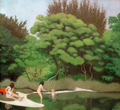 Paysage sous-bois ensoleillé, avec deux femmes et un enfant - Felix Edouard Vallotton