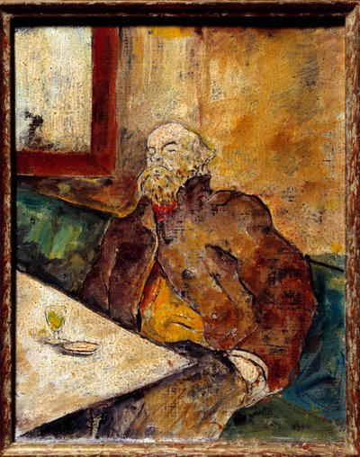 Portrait de Paul Verlaine (1844 - 1896), poète français, assis au bar devant un verre d