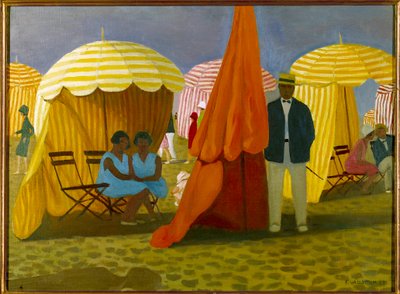 La plage. Vacanciers sous les parasols à l