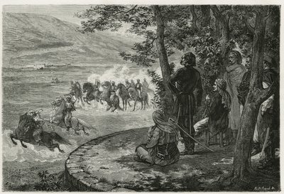 La course du djerid, le cavalier partait en tenant un bâton court qui représentait à la fois la lance et le fusil ; il le brandissait au-dessus de sa tête avant de le lancer, gravure par F. Regamey, pour illustrer l