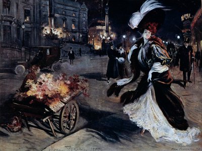 Belle Époque : Femme en aigrettes dans une rue parisienne la nuit - Felix Fournery