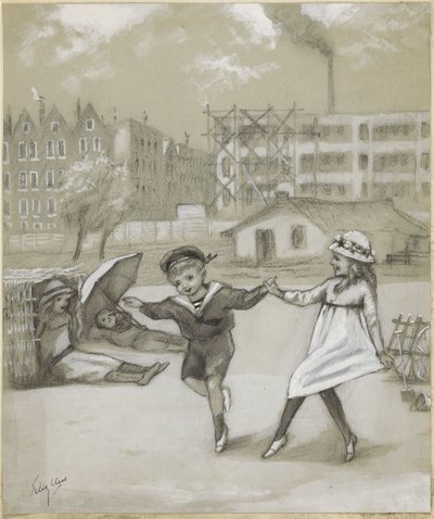 Garçon et fille dansant dans un parc ou une aire de jeux - Felix Hess (signed by artist)