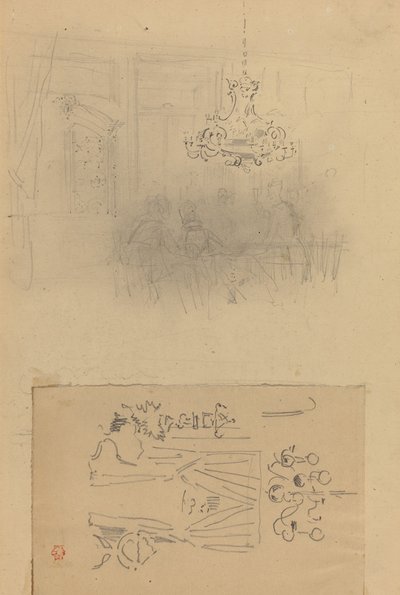 Rassemblement dans un intérieur, une porte avec rideau - Felix Hilaire Buhot