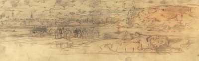 Estuaire avec un port maritime fortifié à gauche et des falaises à droite - Felix Hilaire Buhot
