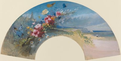 Éventail avec des fleurs sauvages et des papillons contre la côte normande - Felix Hilaire Buhot