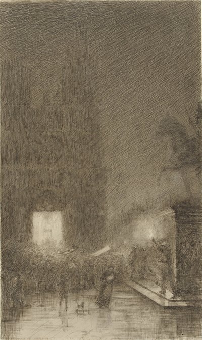 Rassemblement en soirée devant une cathédrale - Felix Hilaire Buhot