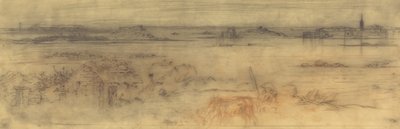 Paysage marin avec une ville fortifiée à droite, des îles à gauche et une chaumière au premier plan - Felix Hilaire Buhot