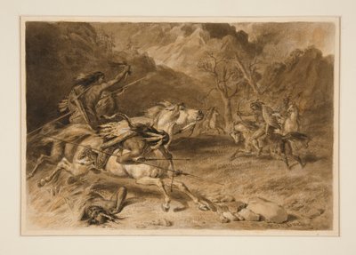 Dessin pour La Rencontre (Combat indien à cheval) - Felix O. C. Darley