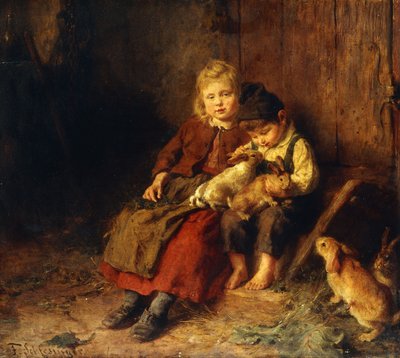 Deux enfants jouant avec des lapins - Felix Schlesinger