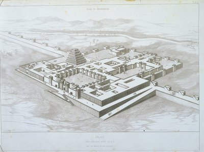 Palais de Khorsabad, vue historique du sud-est avec une partie des murs fortifiés, illustration de 