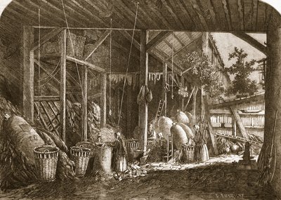 Un entrepôt de chiffons dans le quartier Mouffetard, à Paris, illustration de 