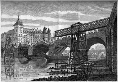 Transformations de Paris sous le Second Empire, Haussmann Paris : démolition du Pont au Change (1639-1647) et installation du pont temporaire. Gravure de Félix Thorigny dans « Le Monde Illustré » n°78 du 9 octobre 1858. - Felix Thorigny