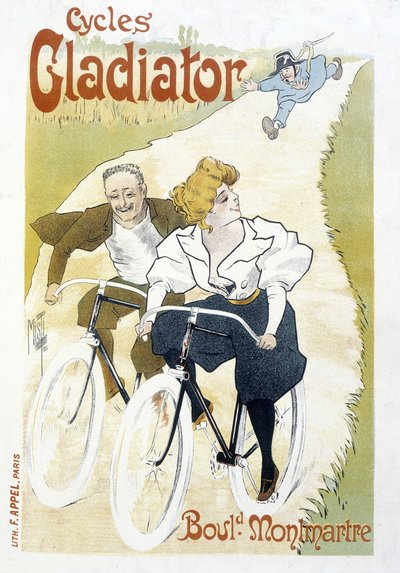 Couple à vélo poursuivi par un gendarme - Publicité pour les cycles Gladiator, par Misti, v.1895 - Ferdinand  Misti Mifliez