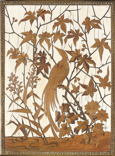 Panneau incrusté avec un oiseau exotique parmi le feuillage dans les marais, Maison Grioux - Ferdinand Duvinage