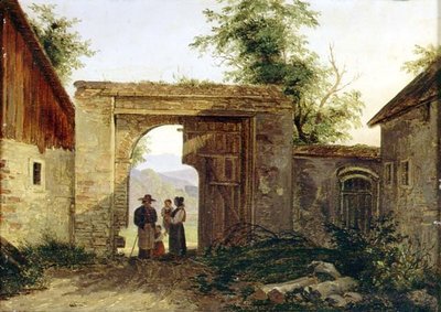 Une cour de ferme avec des paysans à une porte - Ferdinand Georg Waldmuller