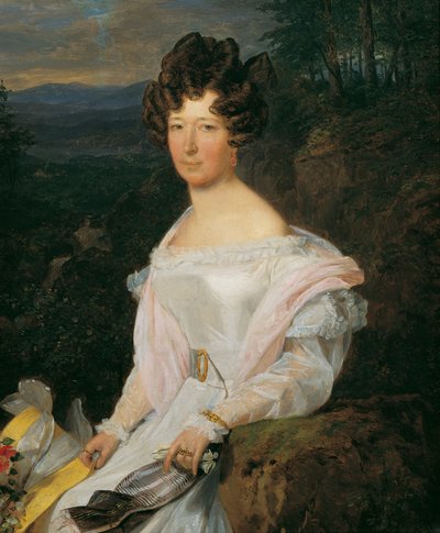Dame en robe blanche devant un paysage de la forêt viennoise - Ferdinand Georg Waldmuller