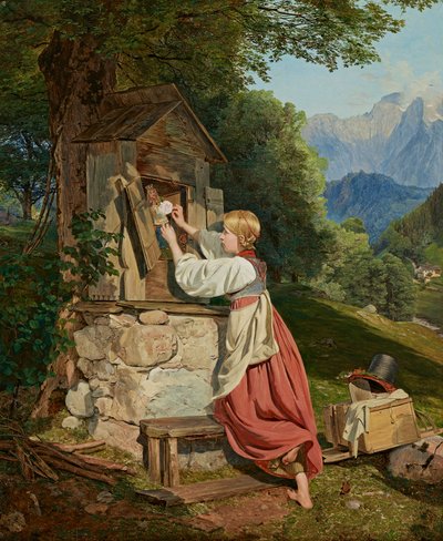 Une fille décore la Vierge Marie avec une rose - Ferdinand Georg Waldmuller