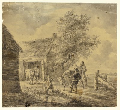 Ferme avec hommes et vaches - Ferdinand Kobell