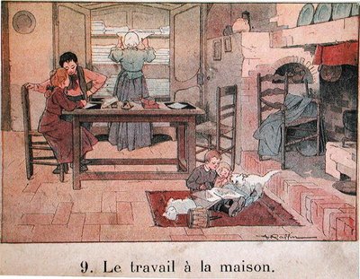 Un travail du soir à la campagne, illustration pour un manuel scolaire, vers 1900 - Ferdinand Raffin